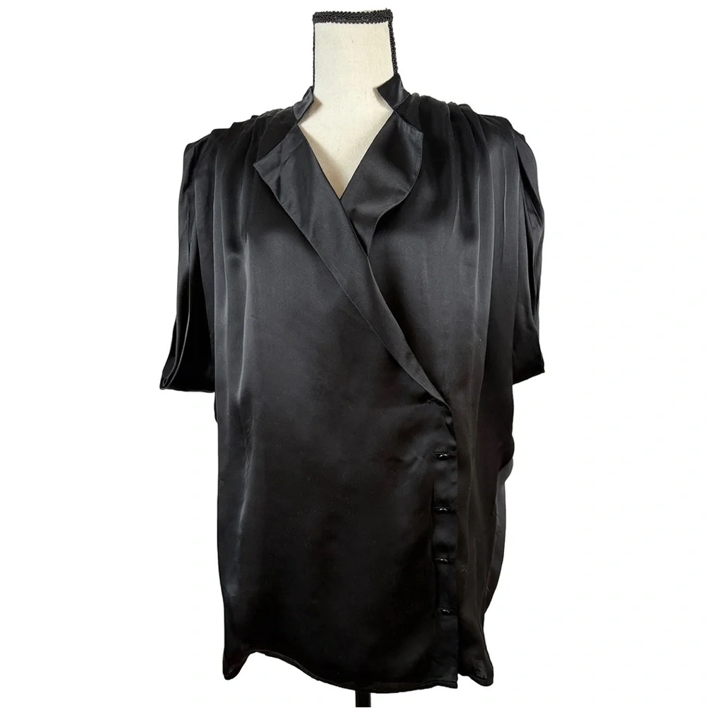 Rachel Roy 100% Silk Draped Blouse Made in USA Black Minimalist Top Plus Size 0